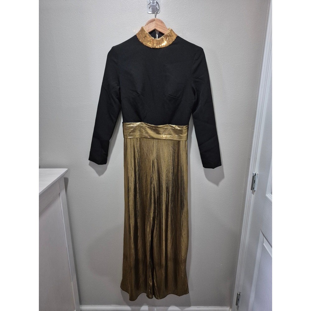 Chiclody Black and Gold Metallic Jumpsuit Sequin Mock Neck Long‎ Sleeve Wide Leg